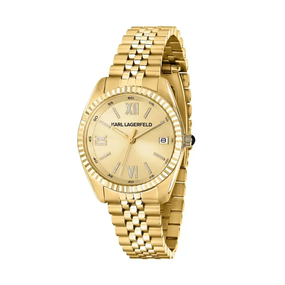 Дамски часовник KARL LAGERFELD Timeless Code със златно PVD покритие и златист циферблат със sunray ефект, стоманена верижка в златист тон