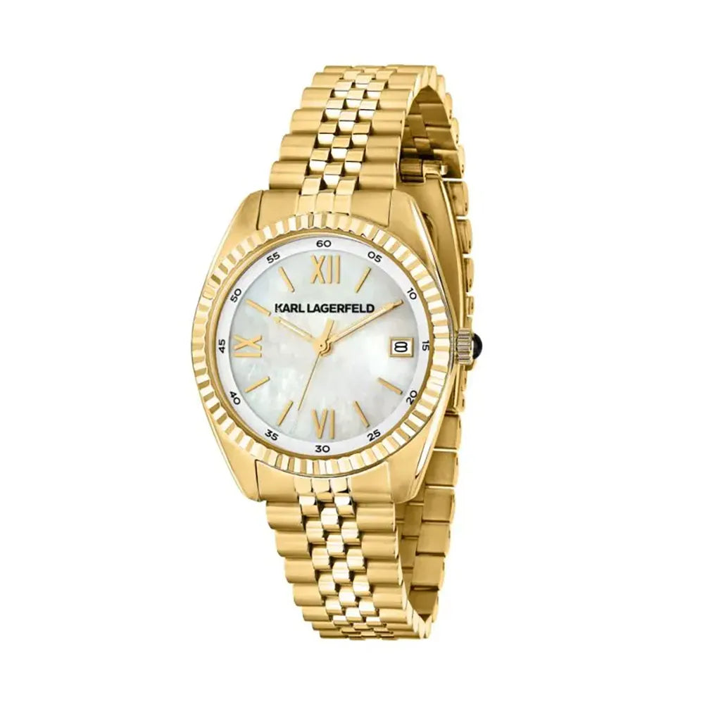 Дамски часовник KARL LAGERFELD Timeless Code със златно PVD покритие и седеф, стоманена верижка в златист тон, седефен циферблат