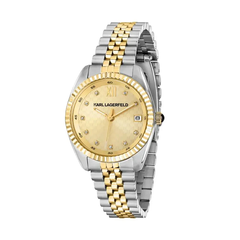 Дамски часовник KARL LAGERFELD Timeless Code със златно PVD покритие и златист циферблат със sunray ефект, стоманена верижка в златист тон