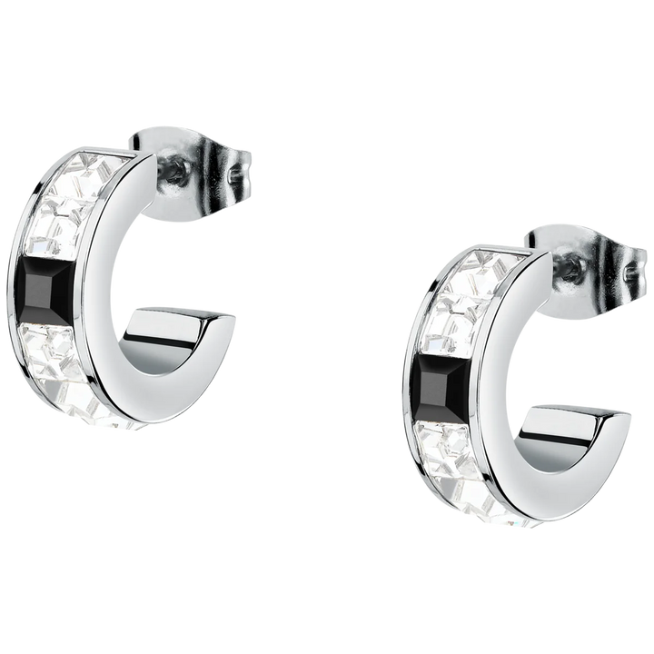 Дамски обеци Karl Lagerfeld Crystals, халки със сребрист корпус и черно-бели кристали – модел KLAYC38
