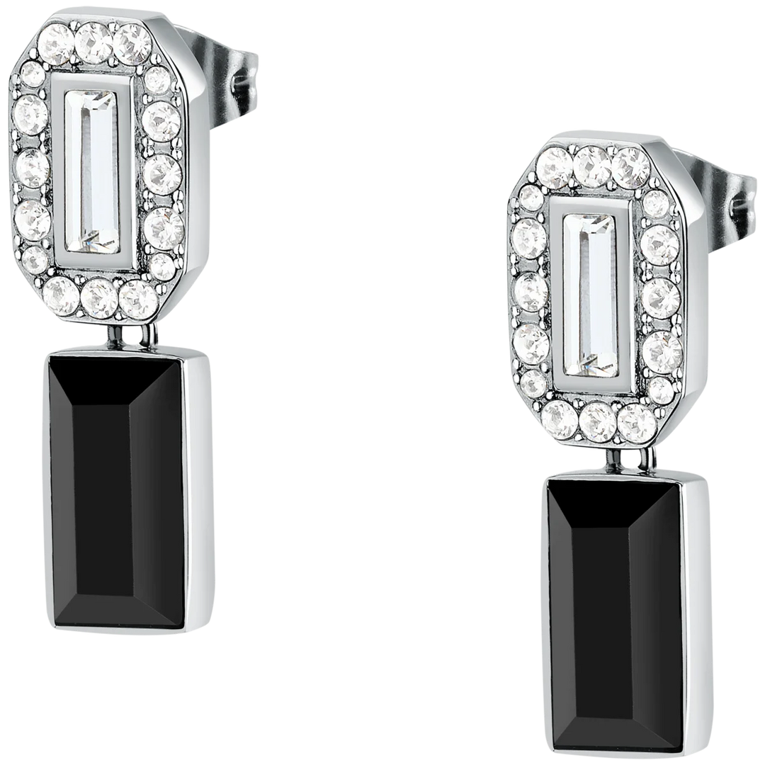 Елегантни дамски обеци Karl Lagerfeld Crystals, правоъгълни елементи с бели кристали и висящ черен камък – модел KLAYC41, детайлен изглед