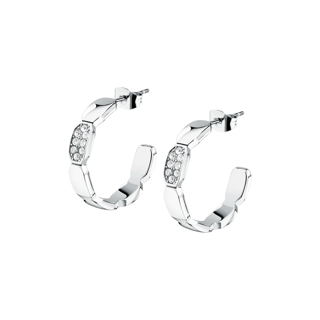 Дамски обеци Karl Lagerfeld Crystals, сребристи халки от стомана с бели кристали – модел KLAYC66, изглед отпред