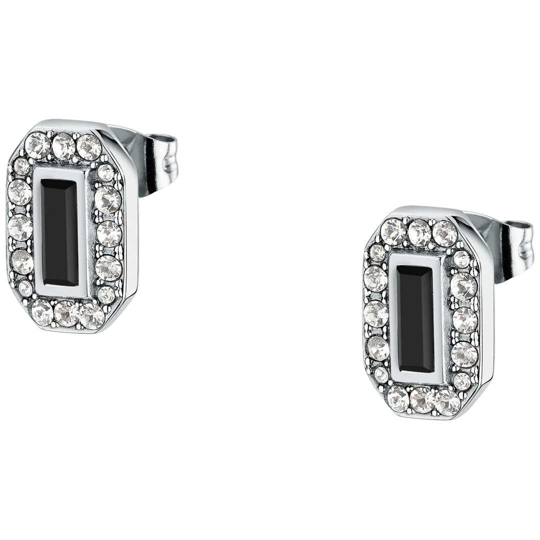 Дамски обеци Karl Lagerfeld Crystals от стомана с бели и черни кристали – модел KLAYC43, близък план на дизайна