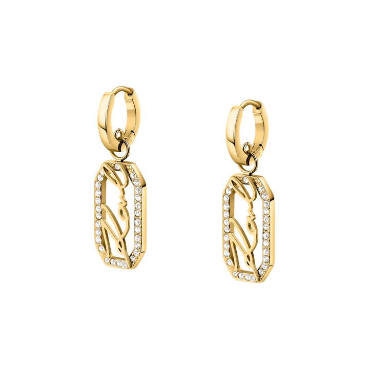 Дамски обеци Karl Lagerfeld Crystals, златисти халки с правоъгълни висулки и лого Karl, обсипани с бели кристали – модел KLAYC45