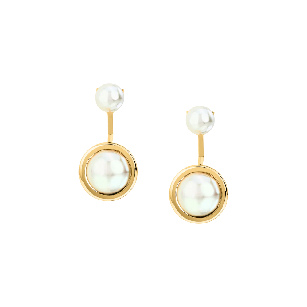 Дамски обеци Karl Lagerfeld Pearl с двойни перли и златист кръгъл обков – модел KLAYR14, фронтален изглед