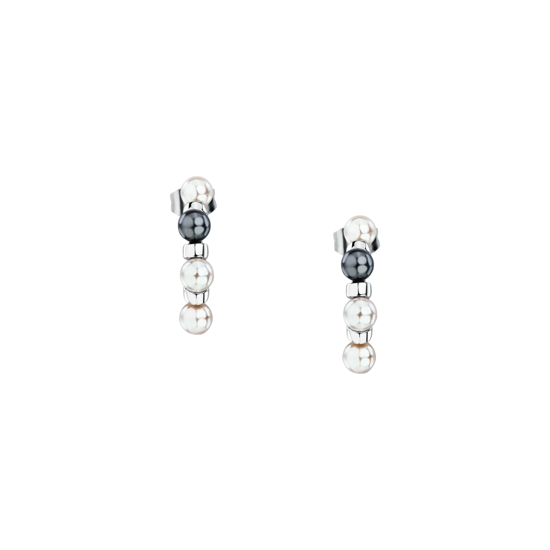 Дамски обеци Karl Lagerfeld Pearl, редуващи се бели и сиви shell перли по сребриста халка – модел KLAYR24, изглед отпред в близък план