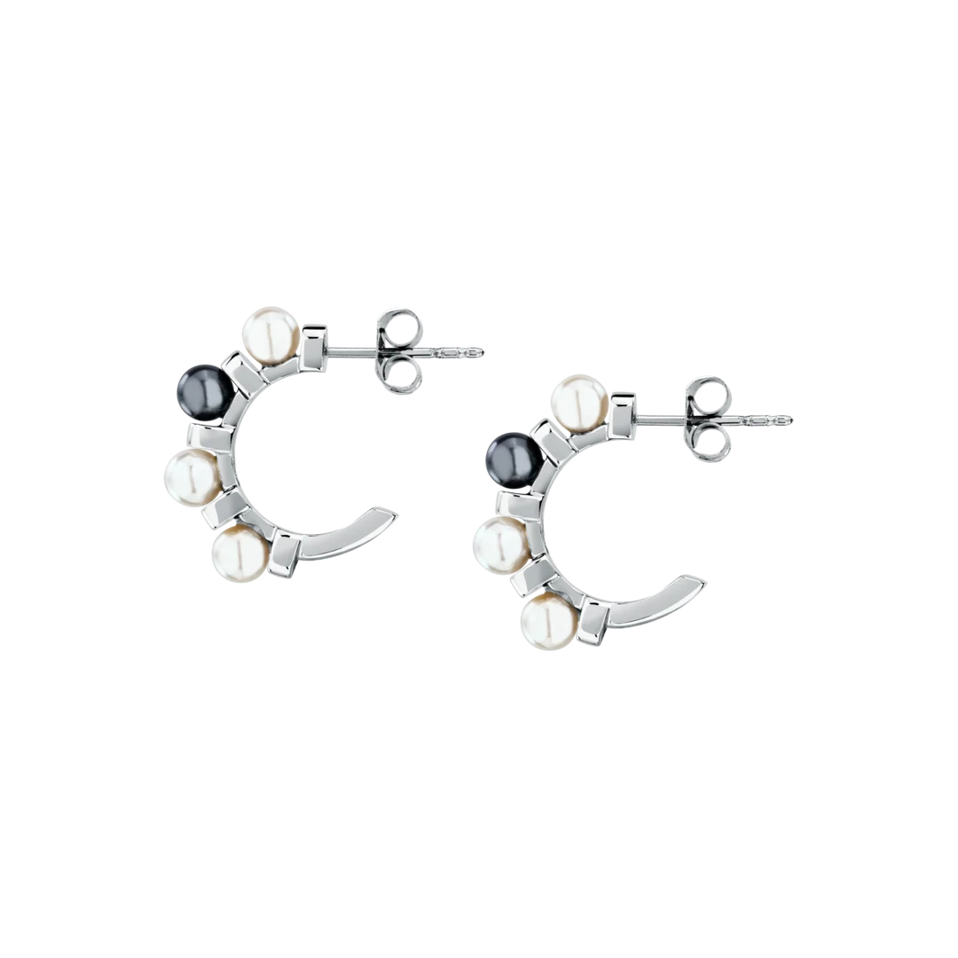 Дамски обеци Karl Lagerfeld Pearl, сребристи халки на винт с перлени елементи по целия ръб – модел KLAYR24