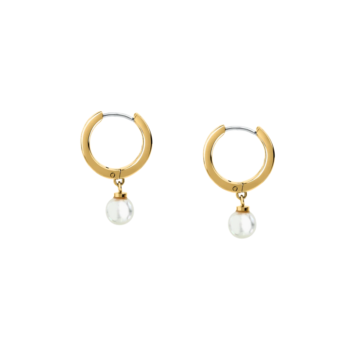 Дамски обеци Karl Lagerfeld Pearl, кръгли златисти халки с висяща бяла shell перла – модел KLAYR15, изглед отгоре