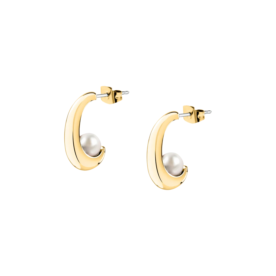 Дамски обеци Karl Lagerfeld Pearl, златисти полукръгли обеци с бяла перла – модел KLAYR21, изглед отпред