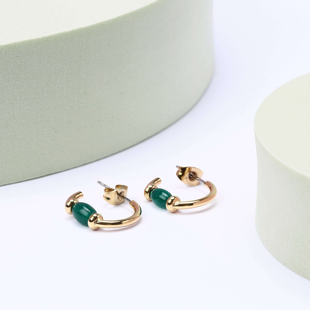 Стилни дамски обеци халки от стомана със златно PVD покритие, декорирани със зелени цилиндрични елементи. Morellato SAXQ09. Размер 17 мм.