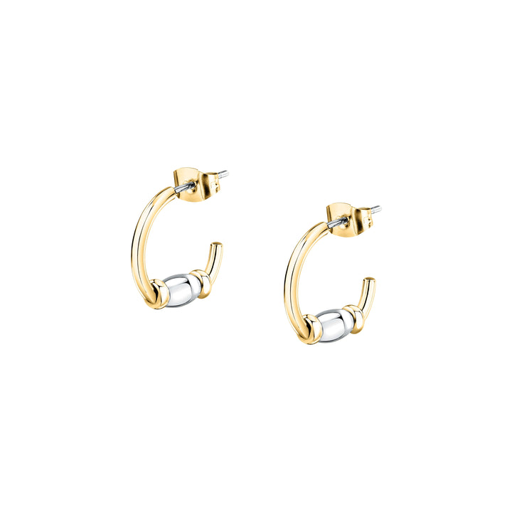 Стилни дамски обеци от стомана със златно PVD покритие, декорирани с бели цилиндрични елементи. SAXQ11