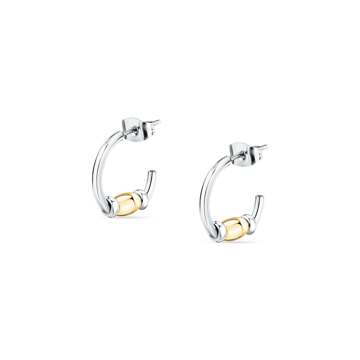 Стилни дамски обеци халки от стомана, декорирани със златисти цилиндрични елементи. SAXQ13