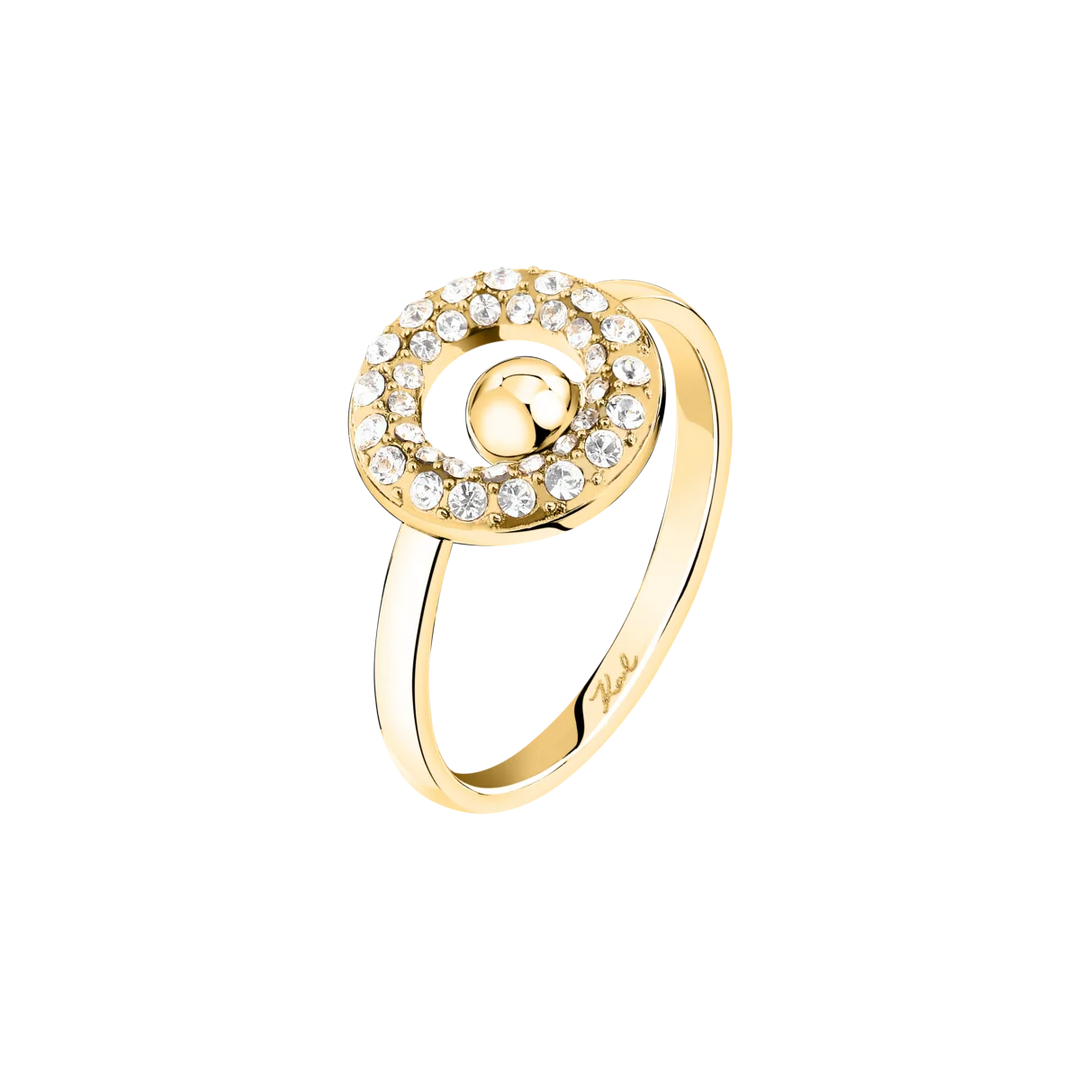 Дамски пръстен Karl Lagerfeld Crystals, златист кръгъл елемент с бели кристали – модел KLAYC57012, изглед отпред