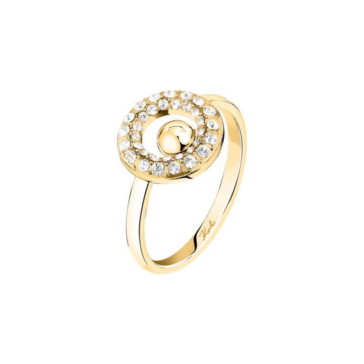 Дамски пръстен Karl Lagerfeld Crystals, златист кръгъл елемент с бели кристали – модел KLAYC57012, изглед отпред