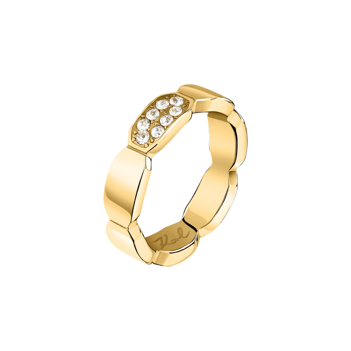 Дамски пръстен Karl Lagerfeld Crystals, златист стоманен пръстен с бели кристали – модел KLAYC62012, изглед отпред