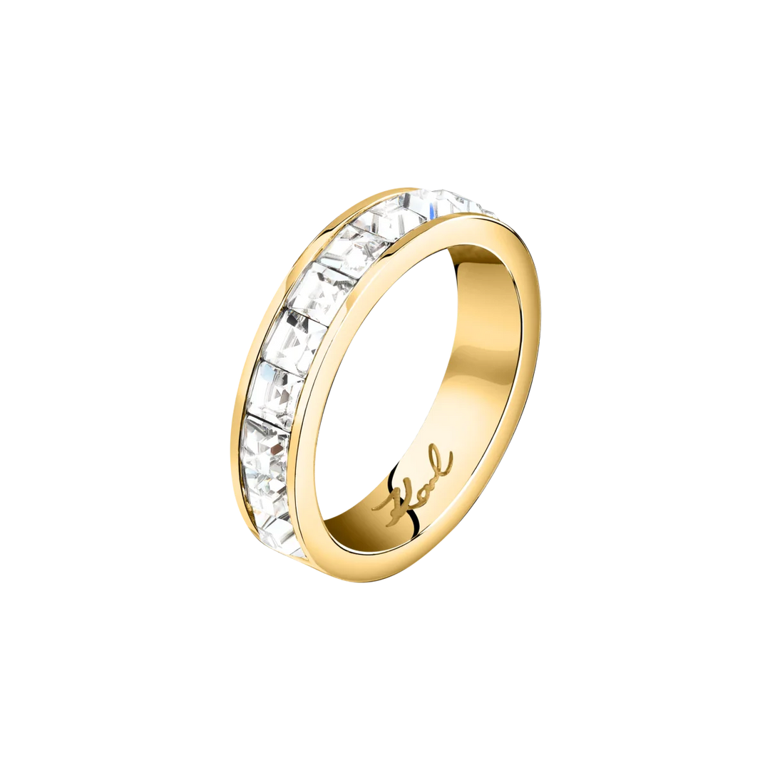 Дамски пръстен Karl Lagerfeld Crystals от неръждаема стомана със златисто покритие и бели кристали – модел KLAYC48012, фронтален изглед