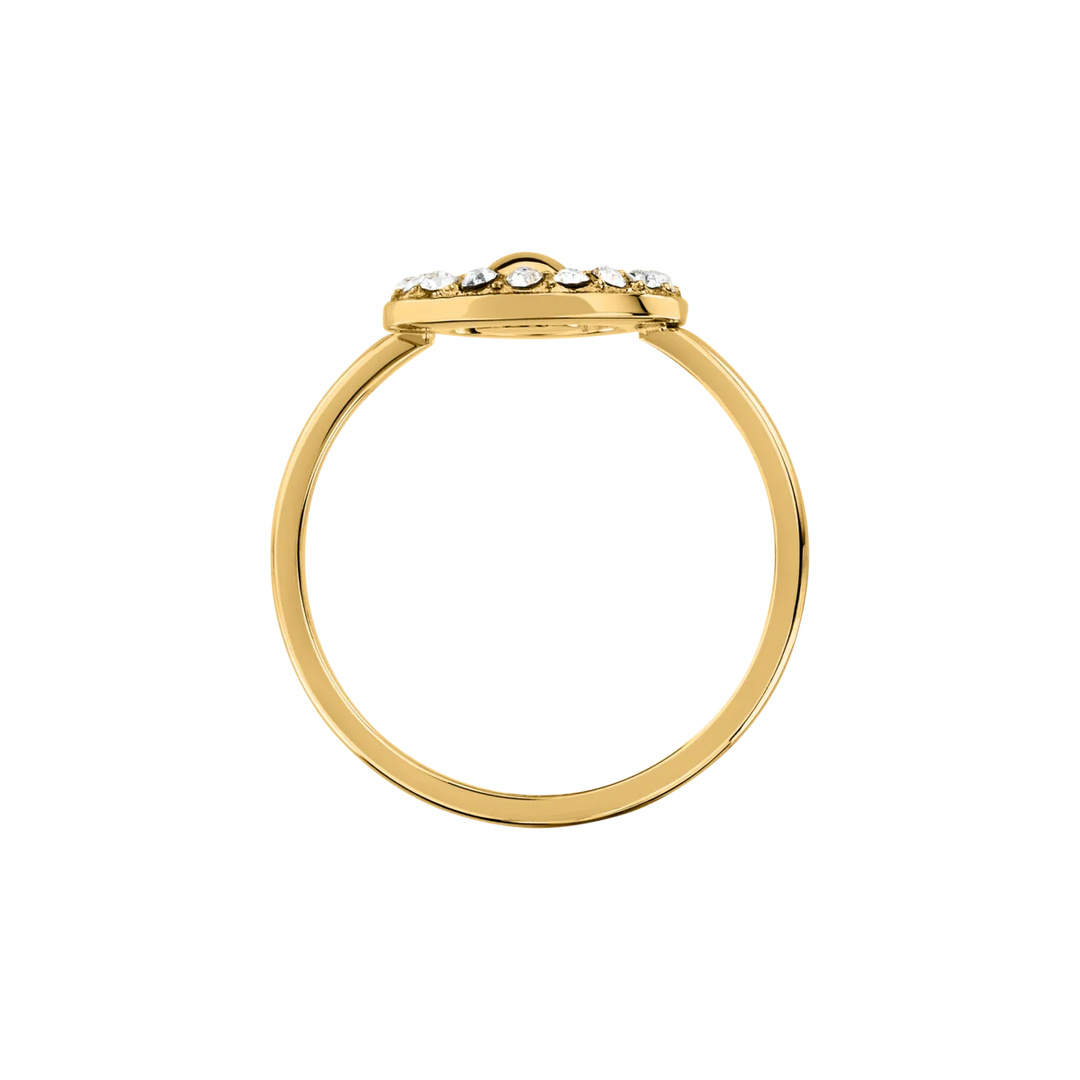Дамски пръстен Karl Lagerfeld Crystals, тънка златиста халка и плоска горна част с кристали – модел KLAYC57012, страничен изглед