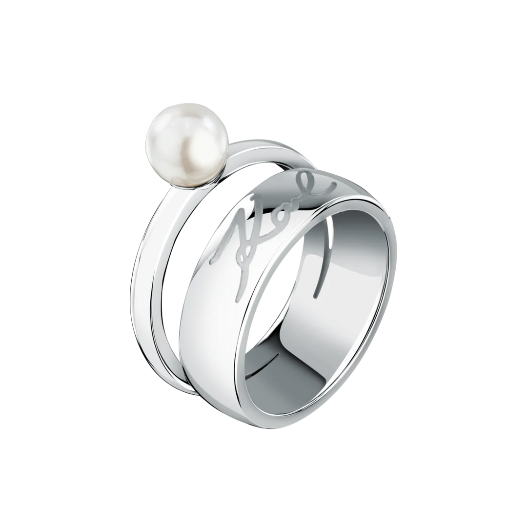 Дамски пръстен Karl Lagerfeld Pearl от полирана неръждаема стомана със бяла перла – модел KLAYR11012