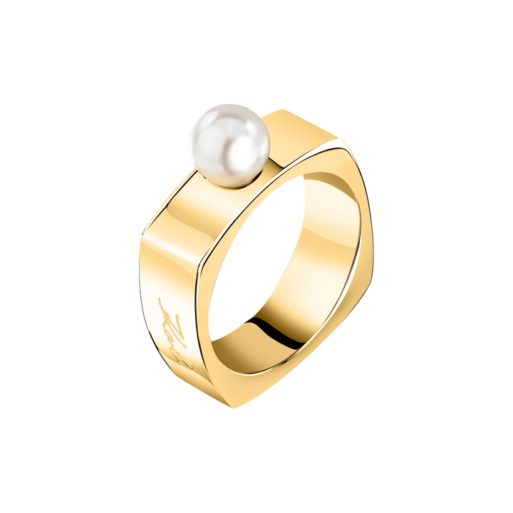 Дамски пръстен Karl Lagerfeld Pearl със златиста квадратна халка и бяла перла – модел KLAYR16012