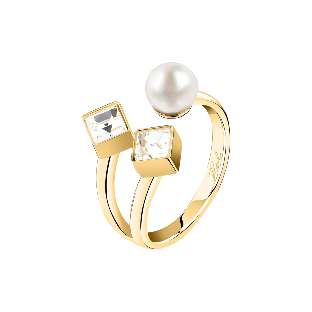 Дамски пръстен Karl Lagerfeld Pearl със златисто покритие, бяла перла и прозрачни кристали – модел KLAYR23012, изглед отпред