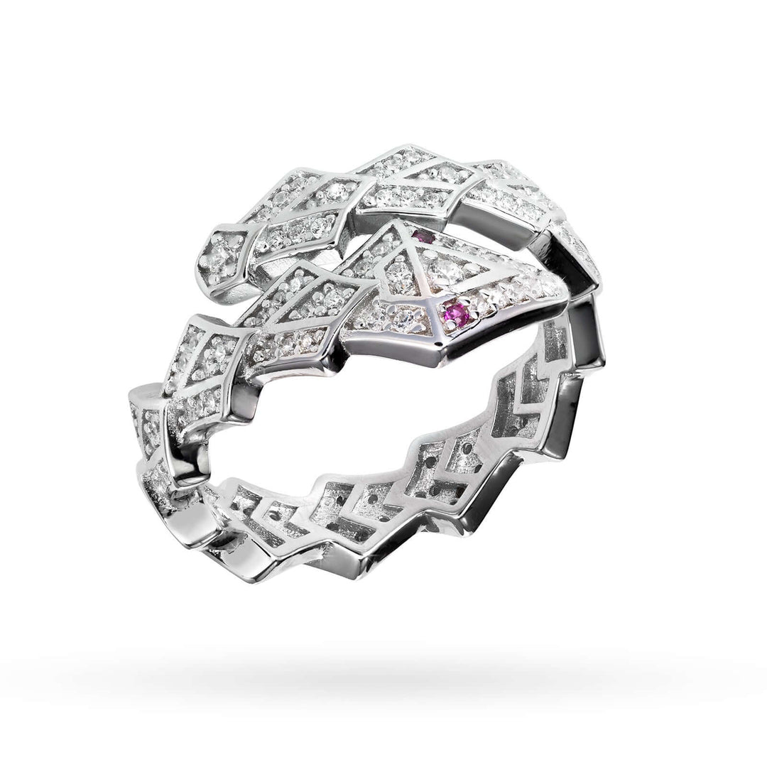 Дамски сребърен пръстен във формата на змия с циркони.