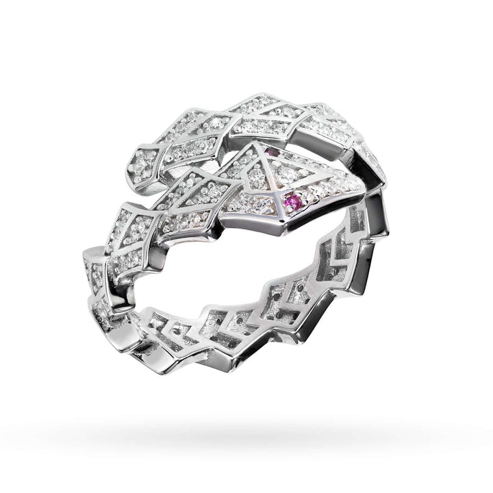 Дамски сребърен пръстен във формата на змия с циркони.