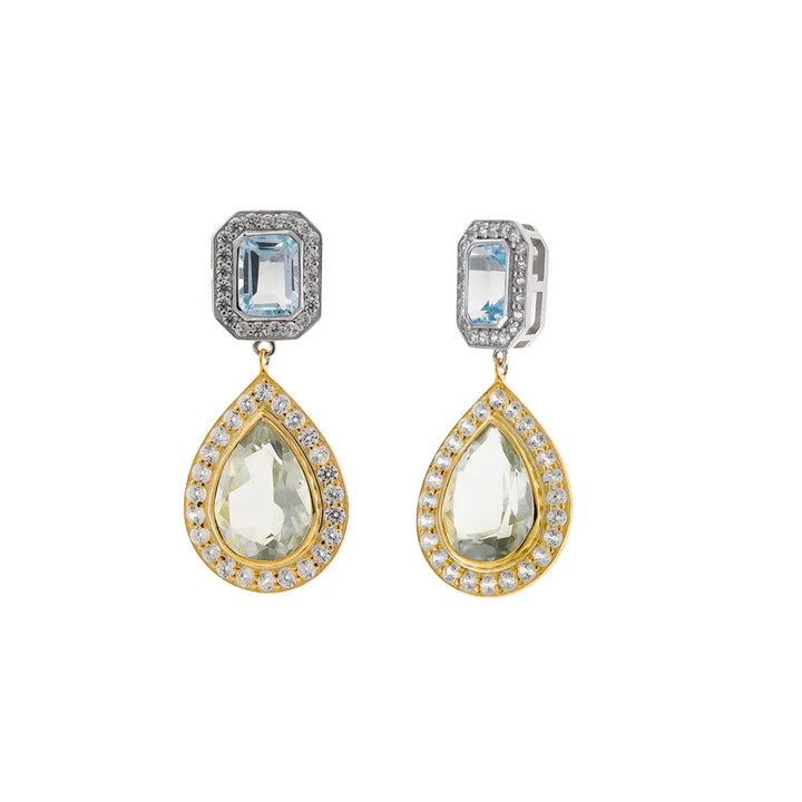 Детайлни сребърни обеци Salvatore Plata с аметист и топаз на бял фон.