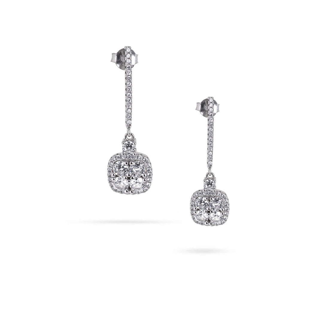 Висящи сребърни обеци с родиево покритие и инркустирани блестящи циркони.