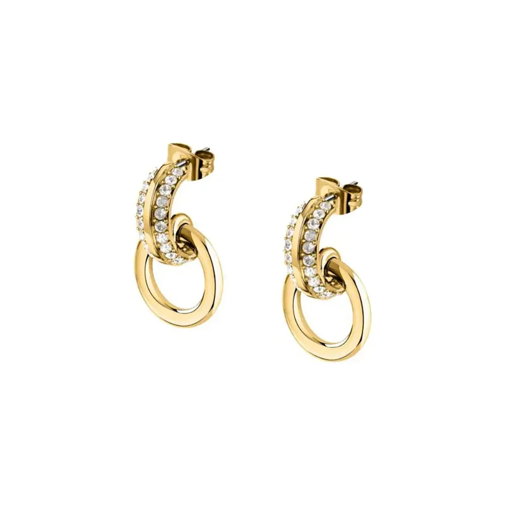 Дамски стоманени обеци KARL LAGERFELD Bond Pave със златно PVD покритие и бели кристали