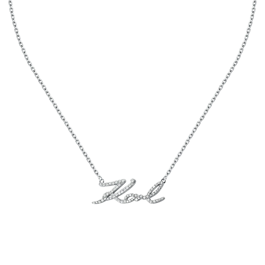 Дамско колие Karl Lagerfeld Charms от сребриста стомана с надпис Karl и бели кристали – модел KLAYD04, фронтален изглед