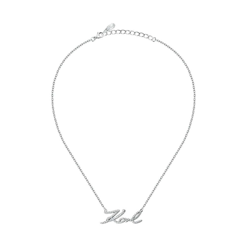 Дамско стоманено колие Karl Lagerfeld Charms с фина верижка 40+5 см и кристален надпис Karl – модел KLAYD04, изглед в цяла дължина