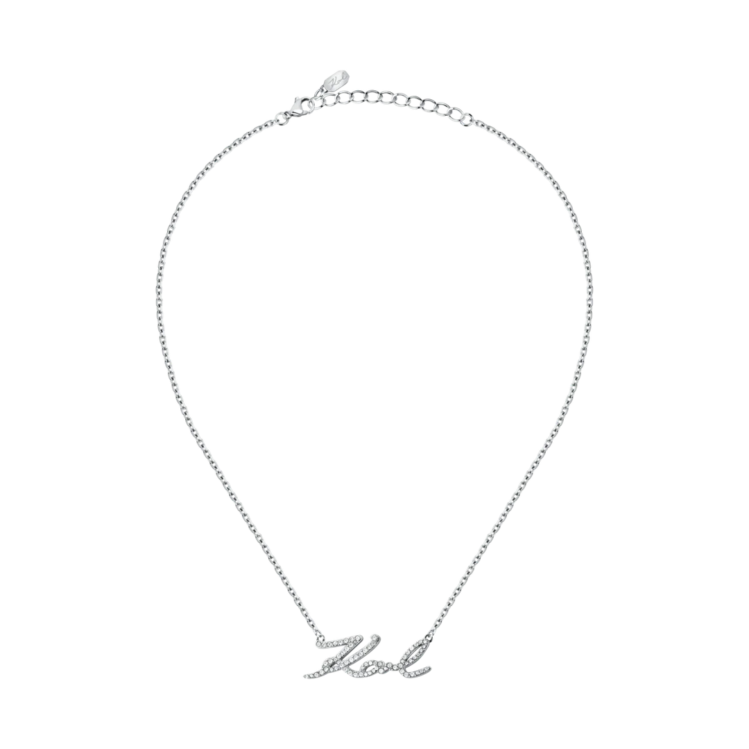 Дамско стоманено колие Karl Lagerfeld Charms с фина верижка 40+5 см и кристален надпис Karl – модел KLAYD04, изглед в цяла дължина