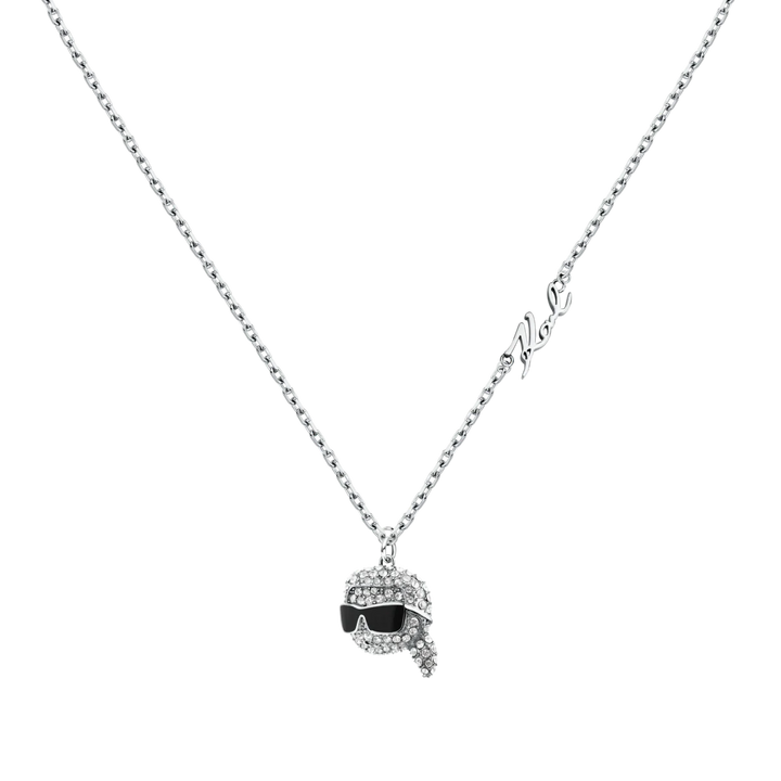 Дамско колие Karl Lagerfeld Charms от стомана с бели кристали и талисман глава с очила – колие Karl Lagerfeld модел KLAYD06
