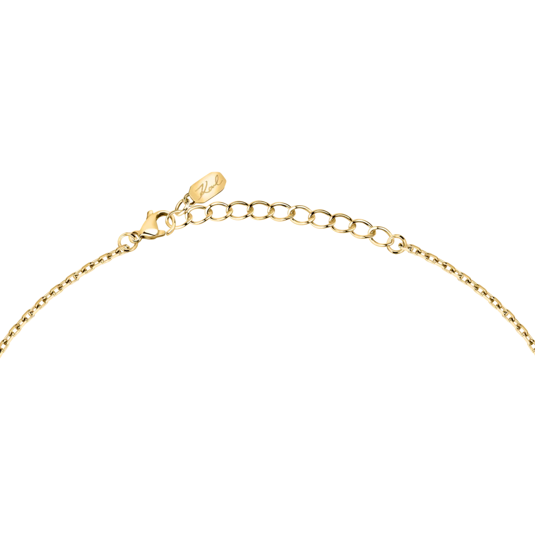 Дамско колие Karl Lagerfeld Charms, детайл на златистата стоманена верижка с карабинка и удължител 40–45 см – модел KLAYD03