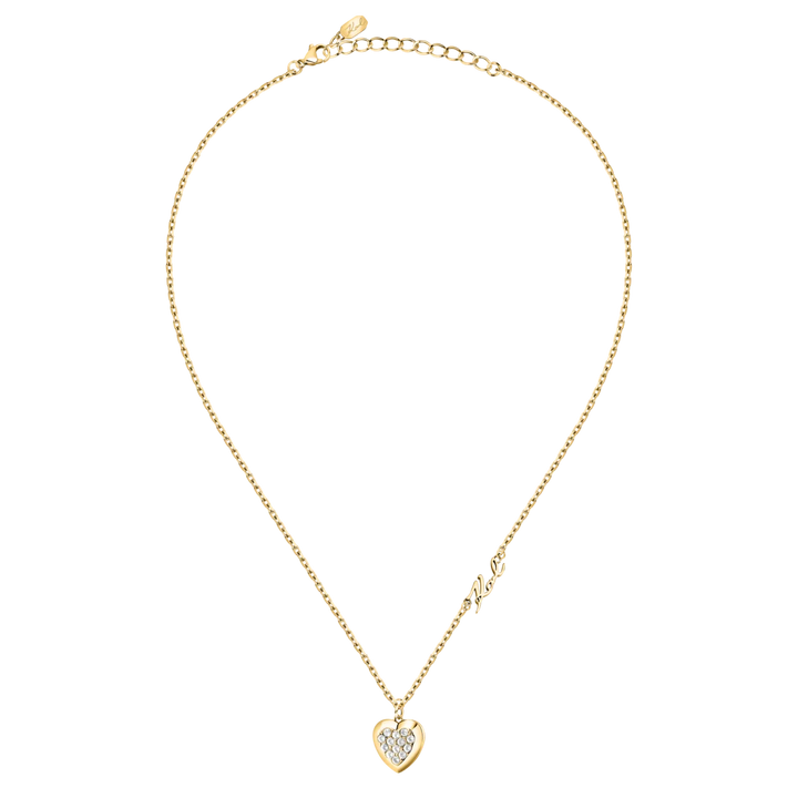 Дамско колие Karl Lagerfeld Charms, пълен изглед на златистата верижка с висулка сърце и страничен надпис Karl – модел KLAYD03