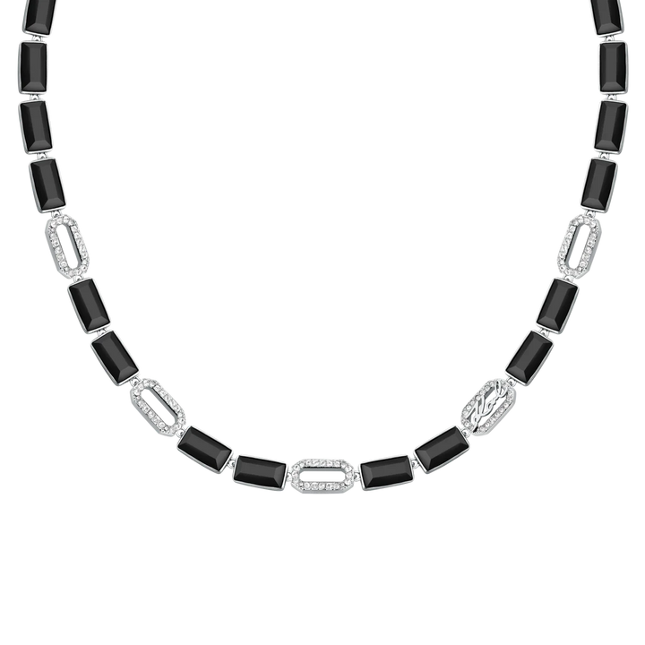 Дамско колие Karl Lagerfeld Crystals, сребриста стомана с черни правоъгълни кристали и бели паве елементи – модел KLAYC03, детайлен изглед