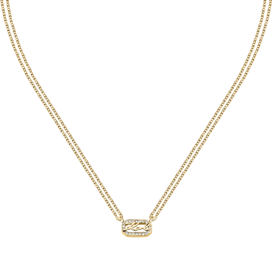 Дамско колие Karl Lagerfeld Crystals, златиста двойна верижка и правоъгълен медальон с логото Karl и бели кристали – модел KLAYC12