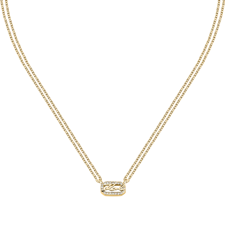Дамско колие Karl Lagerfeld Crystals, златиста двойна верижка и правоъгълен медальон с логото Karl и бели кристали – модел KLAYC12