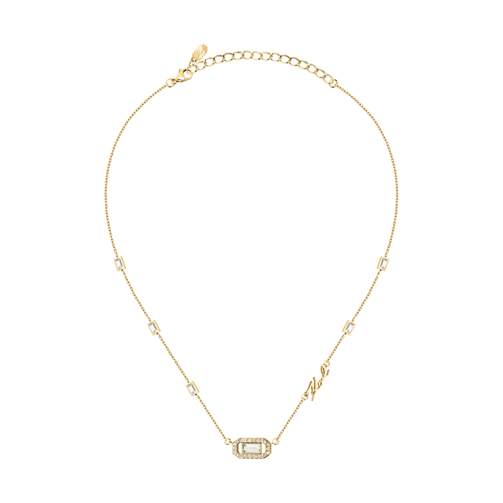 Дамско колие Karl Lagerfeld Crystals, деликатно златисто колие с централен елемент и надпис Karl – модел KLAYC09