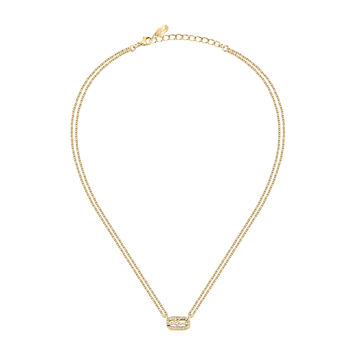 Дамско колие Karl Lagerfeld Crystals, фин златист дизайн с централен елемент и кристали, двойна верижка – модел KLAYC12, цял изглед