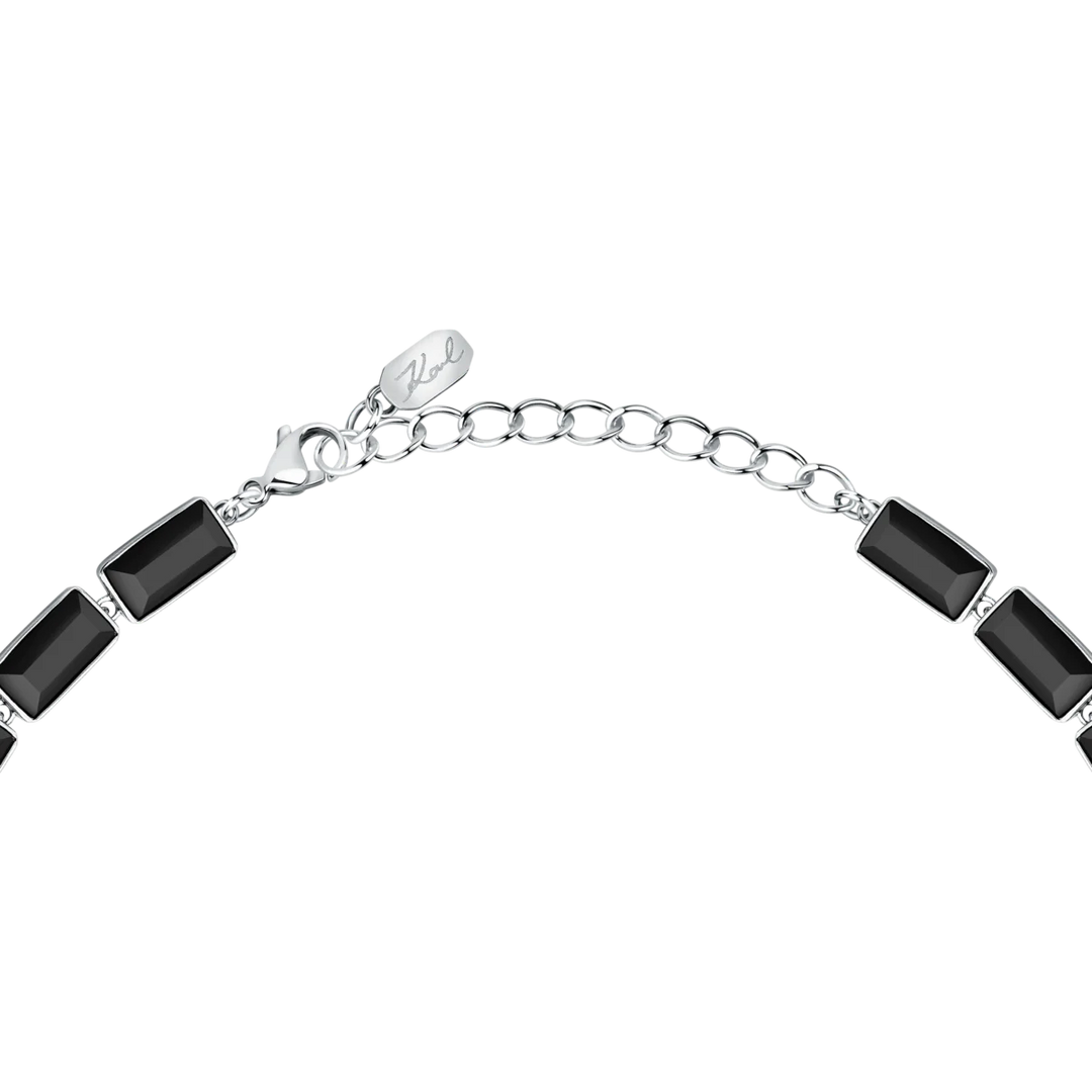 Дамско колие Karl Lagerfeld Crystals, регулируема сребриста верижка 40–45 см с черни кристали и карабинка – модел KLAYC03