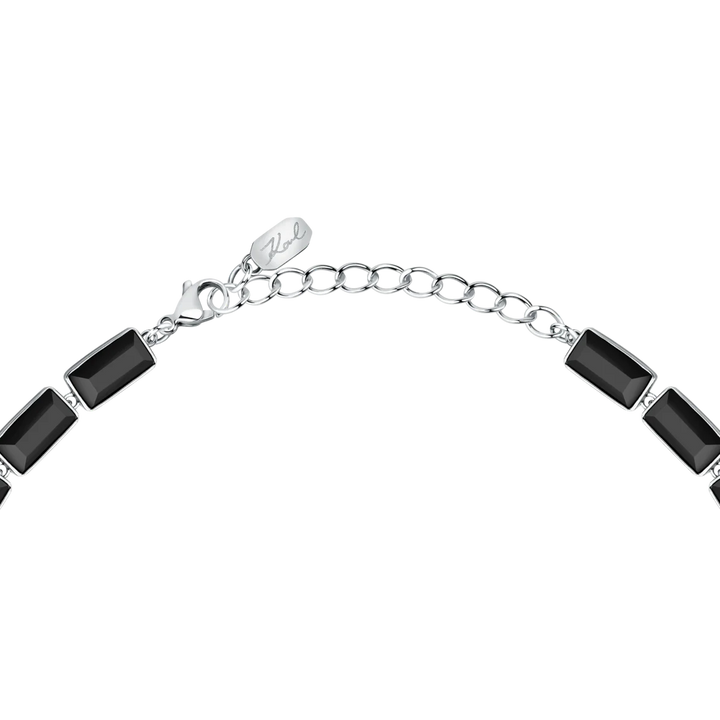 Дамско колие Karl Lagerfeld Crystals, регулируема сребриста верижка 40–45 см с черни кристали и карабинка – модел KLAYC03