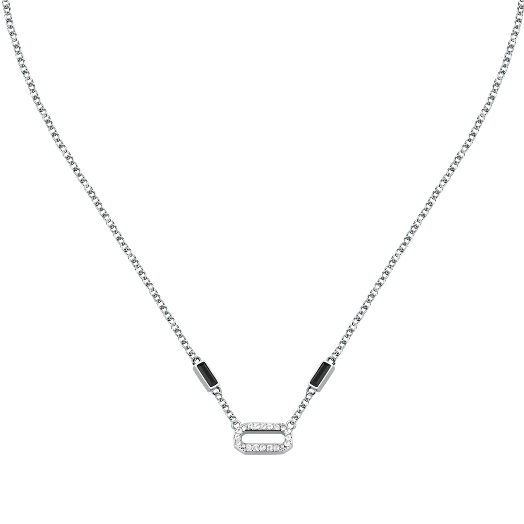 Дамско колие Karl Lagerfeld Crystals със сребриста стоманена верижка и централни бели и черни кристали – модел KLAYC11