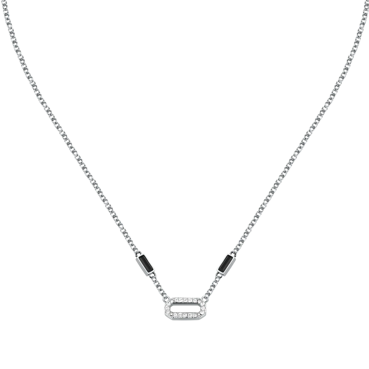 Дамско колие Karl Lagerfeld Crystals със сребриста стоманена верижка и централни бели и черни кристали – модел KLAYC11
