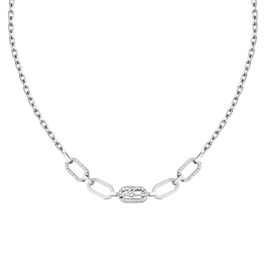 Дамско колие Karl Lagerfeld Crystals със сребриста верижка и централен елемент с бели кристали и лого – модел KLAYC14