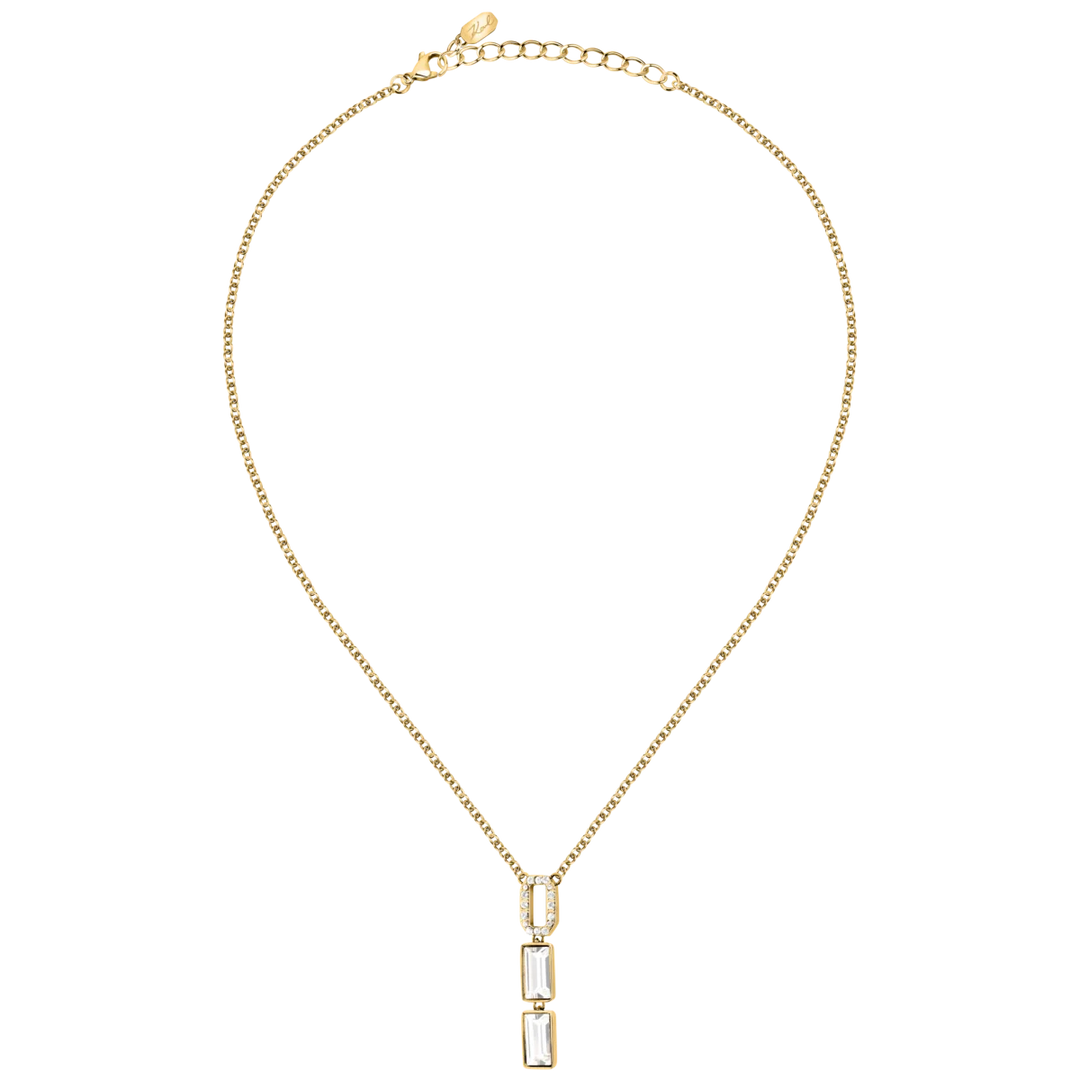 Дамско колие Karl Lagerfeld Crystals в тенис стил със златисто покритие и висяща висулка с бели кристали – KLAYC08, цял изглед