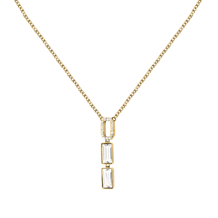 Колие Karl Lagerfeld Crystals със златиста стоманена верижка и удължена правоъгълна висулка с бели кристали – модел KLAYC08