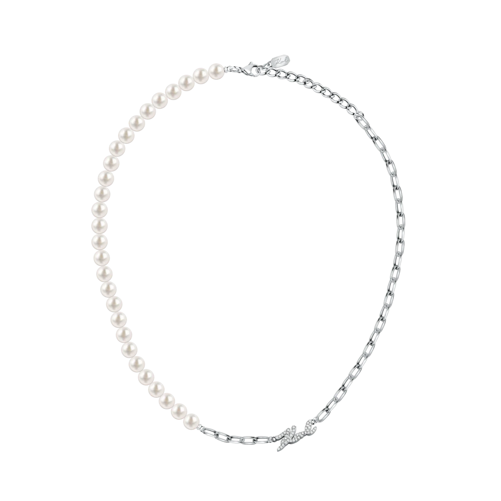 Дамско колие Karl Lagerfeld Pearl, цял изглед на асиметричната огърлица с перли, верижка и елемент с кристали – модел KLAYR03