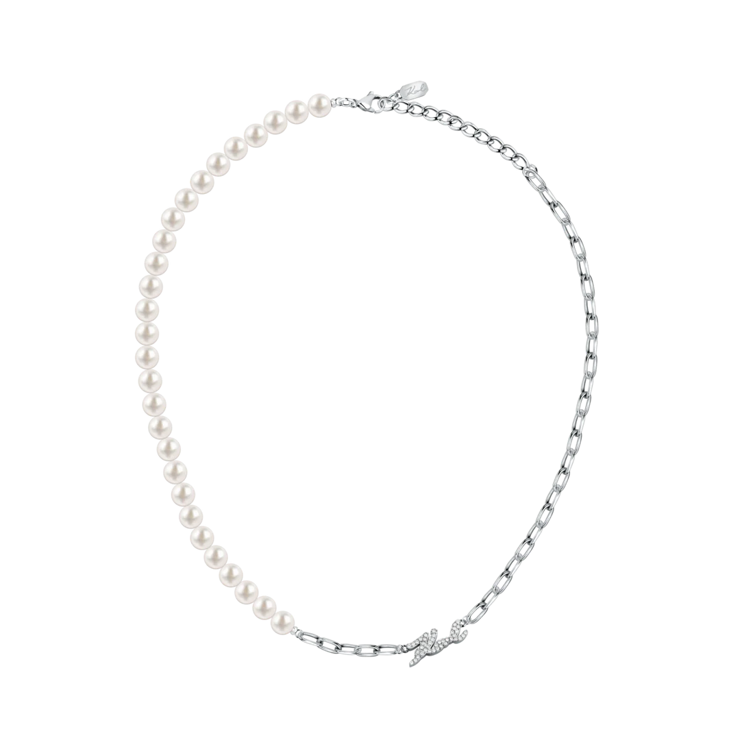 Дамско колие Karl Lagerfeld Pearl, цял изглед на асиметричната огърлица с перли, верижка и елемент с кристали – модел KLAYR03