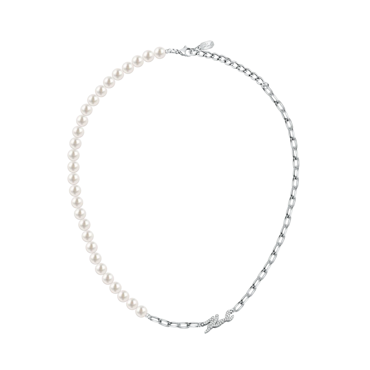 Дамско колие Karl Lagerfeld Pearl, цял изглед на асиметричната огърлица с перли, верижка и елемент с кристали – модел KLAYR03